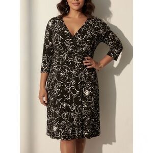 CHAPS Black White Monotone Floral Print Faux Wrap V-Neck Slinky Midi Dress 3X